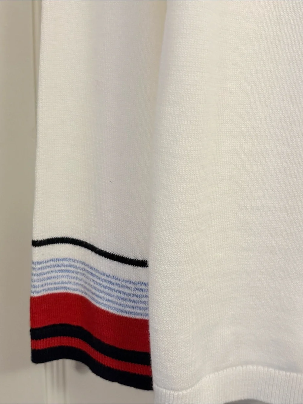 Tommy Hilfiger White V-Neck Sweater with Red & Navy Stripe Cuffs